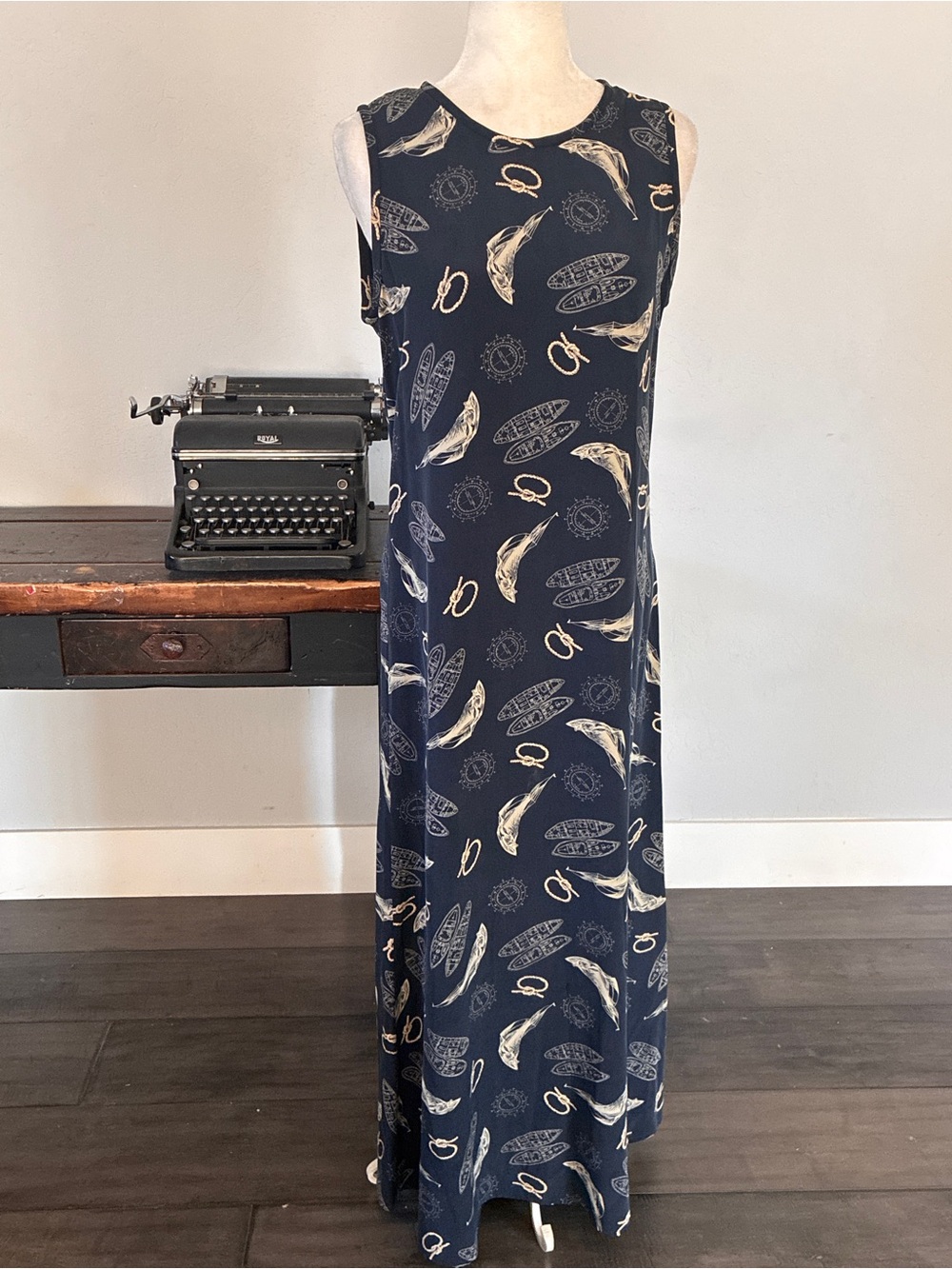 Lauren Ralph Lauren Navy Blue Silk Nautical Sailboat Print Maxi Dress - Size 8